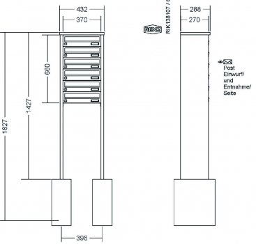 RENZ Briefkastenanlage freistehend, Tetro, Kastenformat 370x110x270mm, 6-teilig, zum Einbetonieren